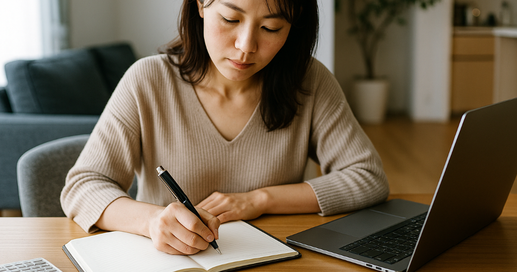 収入目標に向かって作業する主婦の集中した表情