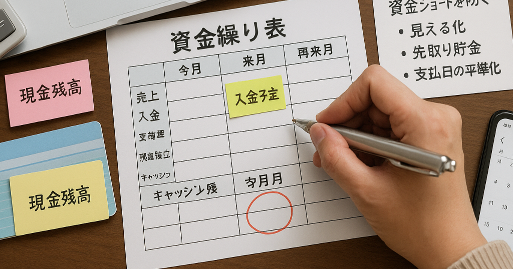 支払期日のカレンダーと口座残高アプリを見比べて入出金を管理する手元。資金繰り悪化を防ぐ視点