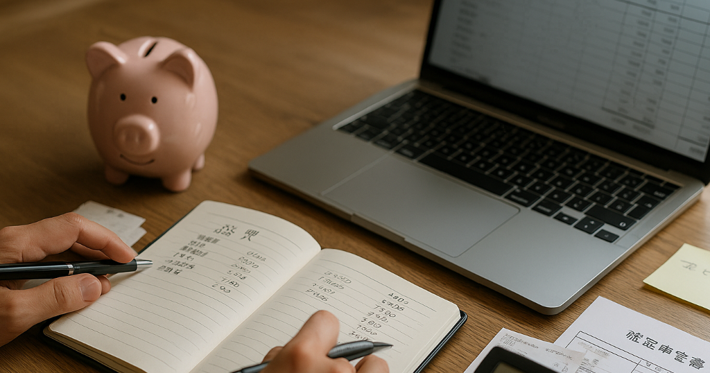 売上－経費＝利益を電卓とノートで整理する自営業者の手元。経費節約と税金対策の重要性が伝わる