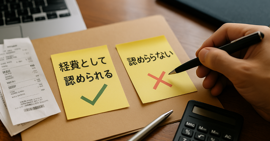 領収書を『経費OK／私用NG』に仕分けるデスク。按分と証憑整理の大切さが分かる