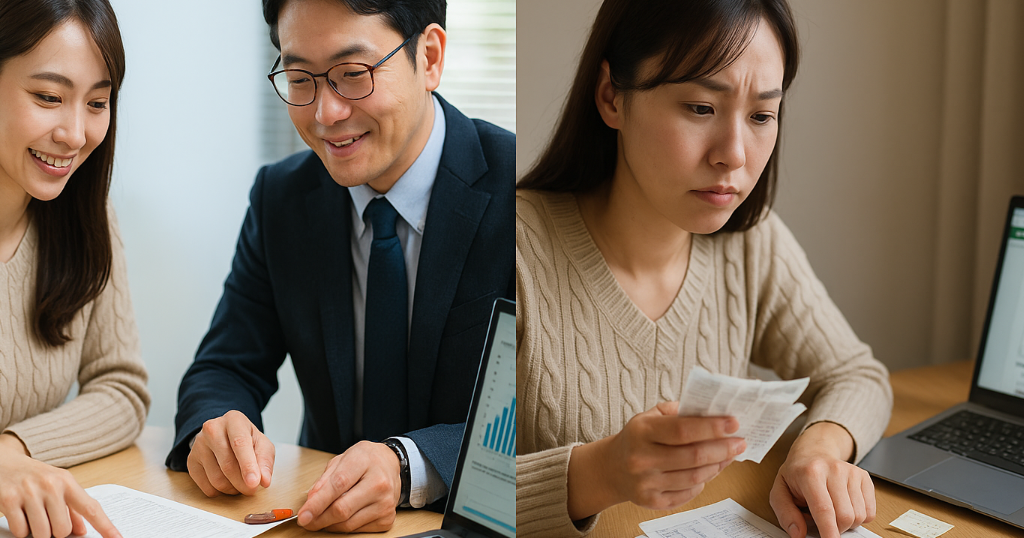 税理士に相談する場面と自分でPC入力する場面の比較。専門家依頼かセルフかを検討するイメージ