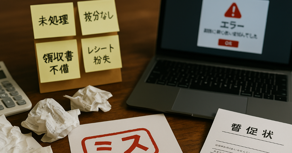 領収書が散乱し『支払期限切れ』の請求書が混在する机。よくある失敗と注意点の象徴