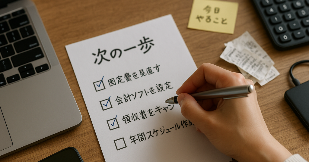 チェックリストを見ながら次の一歩を決め、スケジュールに落とし込む計画づくりのシーン
