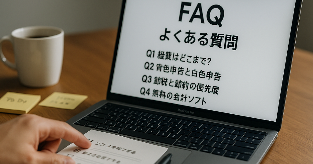 ノートPCと付箋に『Q＆A』と日本語メモ。よくある質問に答えるイメージ