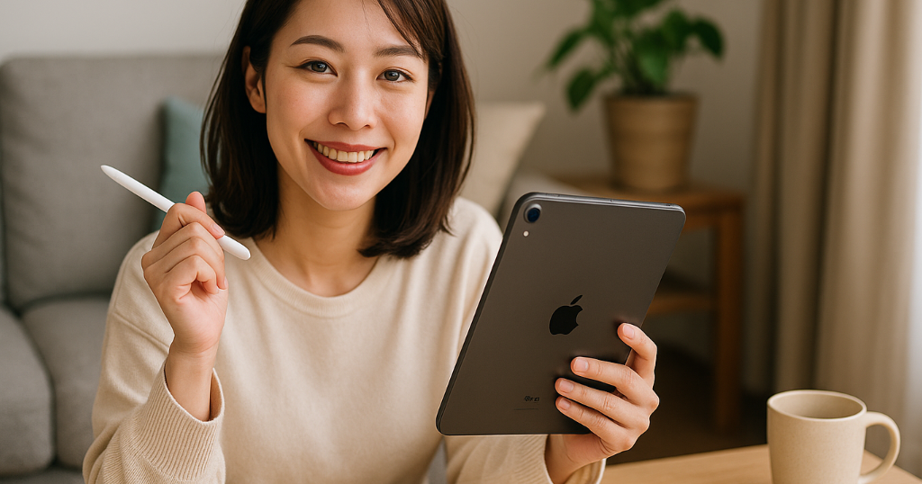 家事や育児の合間にiPadを活用する主婦のイメージ写真。暮らしを便利にするタブレット利用シーン
