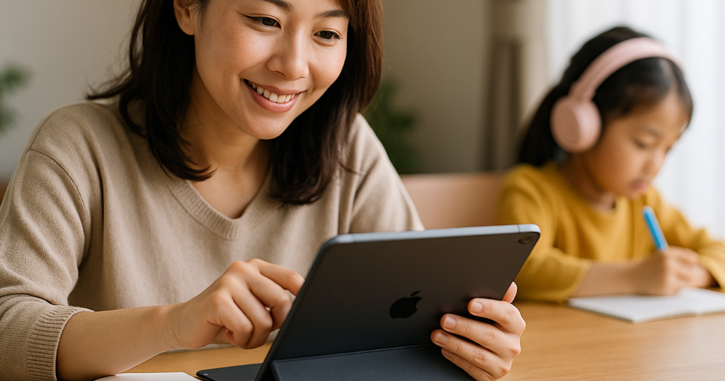 iPadで買い物リストやレシピを管理する主婦の実用シーン。家事や子育てでのiPad活用例
