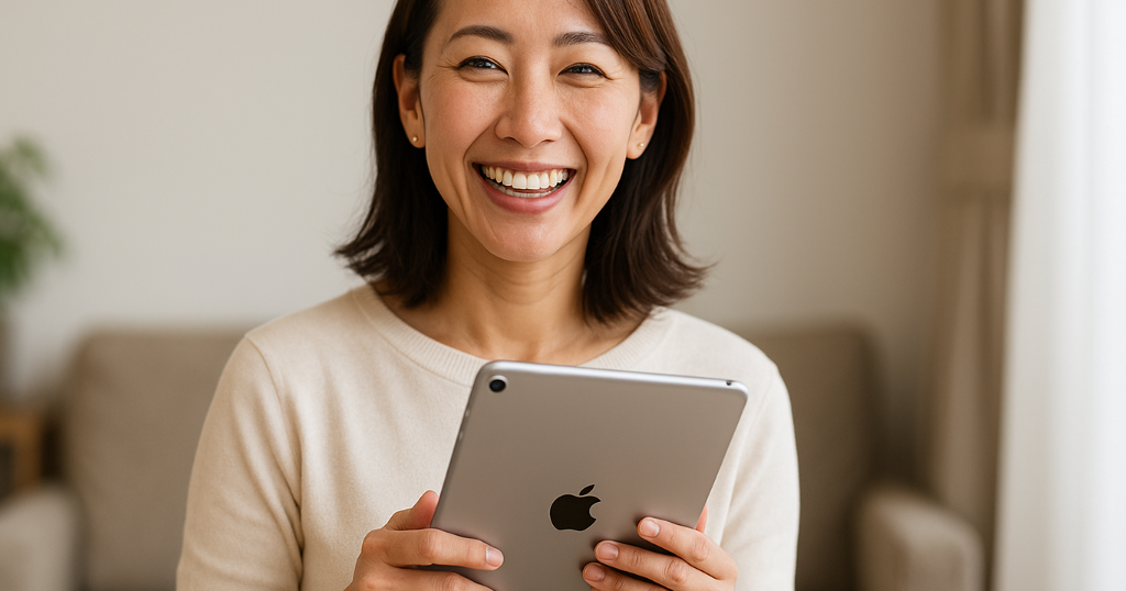 iPadを手に笑顔で使う主婦の写真。主婦向けおすすめiPadモデルを象徴するイメージ