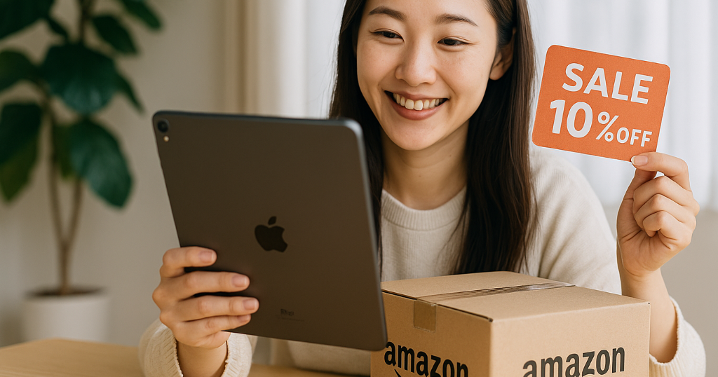 お得なキャンペーンやセールでiPadを購入するイメージ。買い物の喜びを感じる主婦