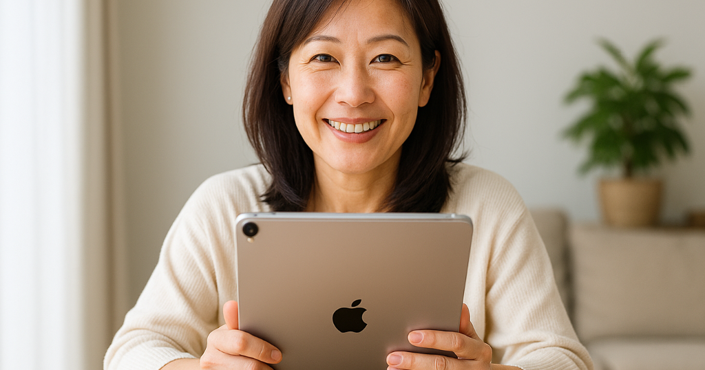 自分に合ったiPadを見つけ、前向きな一歩を踏み出す主婦の写真。まとめと今後の行動を示唆