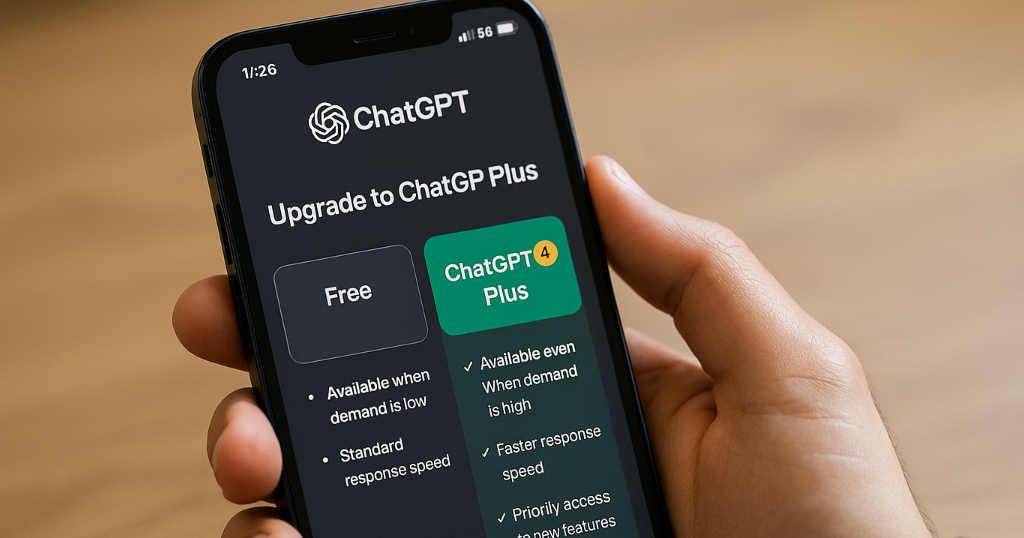 ChatGPT Plusの画面を見ながら操作する人物の写真。無料版との違いをイメージしたシーン