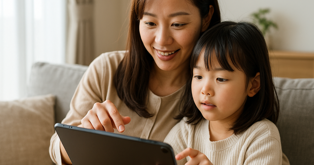 iPadを使って笑顔で子どもと過ごす若いママの様子。主婦の暮らしにiPadが自然に溶け込んでいる日常風景