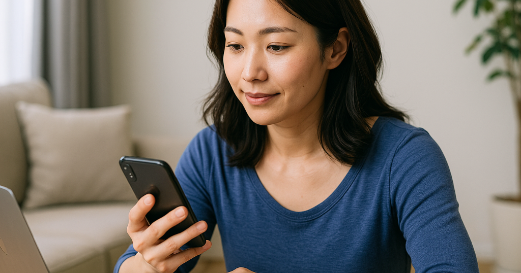 ノートPCを開いて作業する若い女性の写真。在宅ワークでのChatGPT活用シーンを表現。