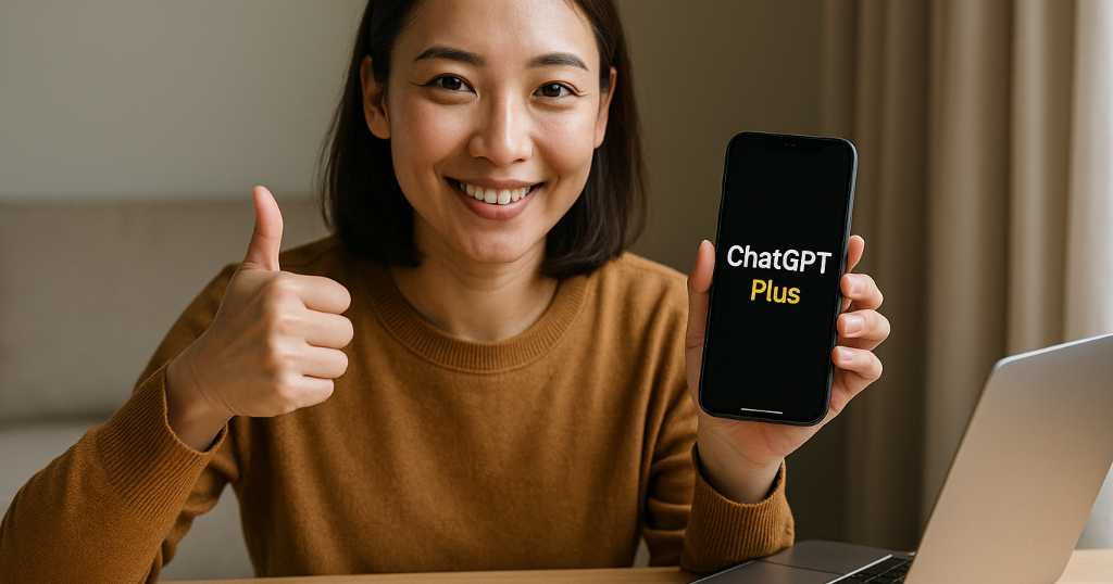 登録完了後に満足げにPC画面を見る女性の写真。ChatGPT Plus登録後のイメージを強調。