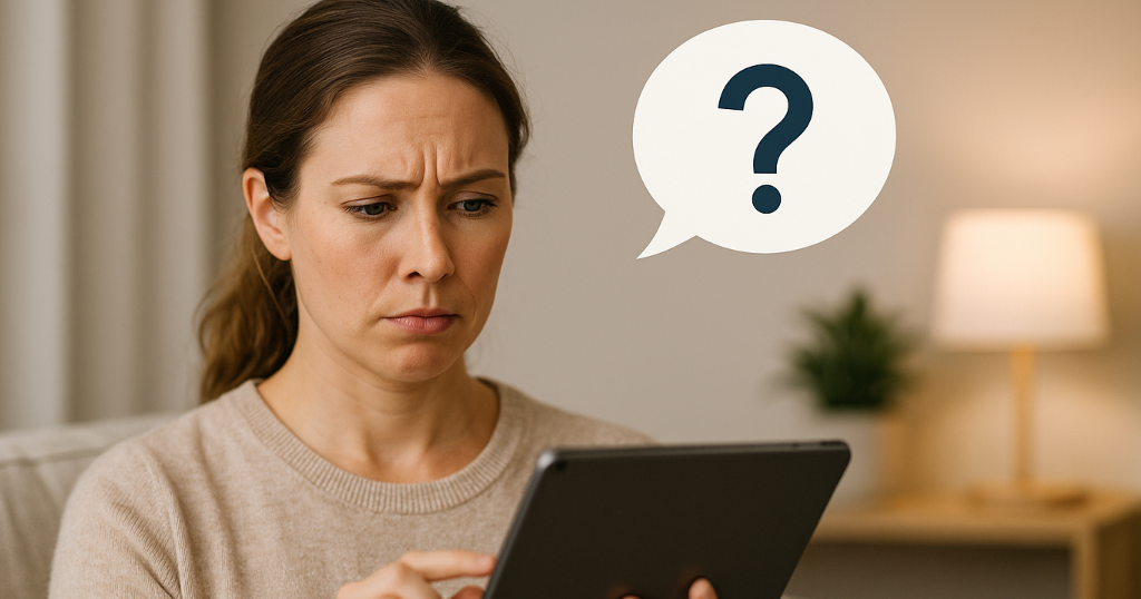 家族でiPadについて話し合っている様子。主婦の疑問に対して家族で活用方法を相談するイメージ