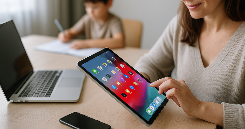 自宅のテーブルでスマホとiPadを比較しながら操作する主婦の姿。iPadのサイズと使いやすさが伝わる構図