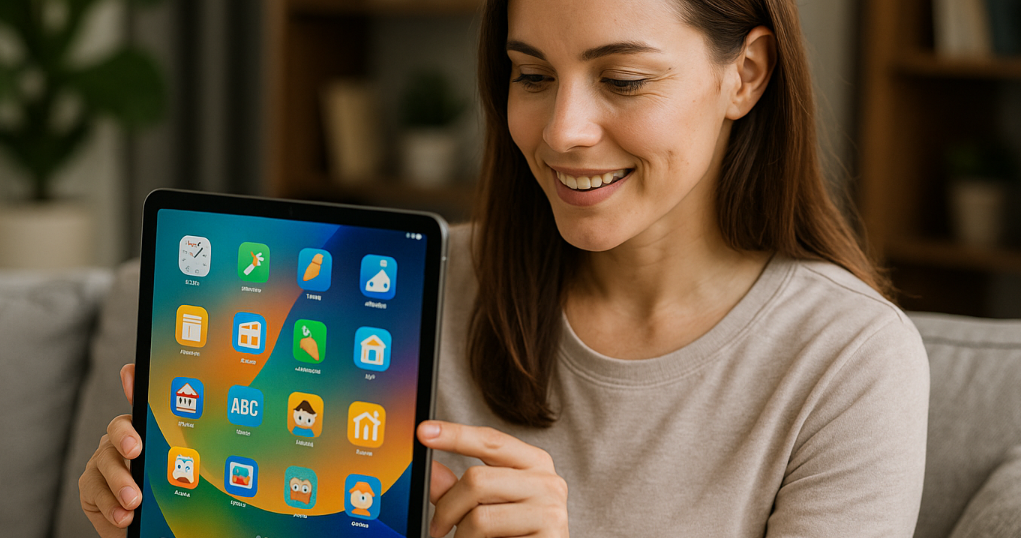 iPadを使って子どもと一緒に知育アプリを楽しむ親子。家事効率化と育児サポートを感じさせる構図