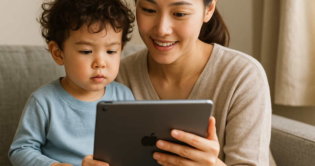 iPadを操作する子どもを見守る母親。誤操作やセキュリティに注意を払う家庭内の様子