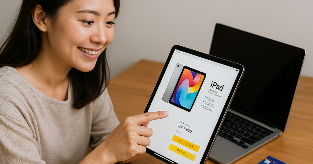 ネットでiPadの価格やキャンペーンを比較している女性。お得な購入方法を探しているシーン