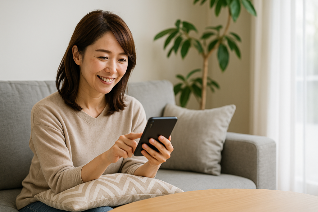 ソファでスマホを使ってポイントサイトに取り組む主婦