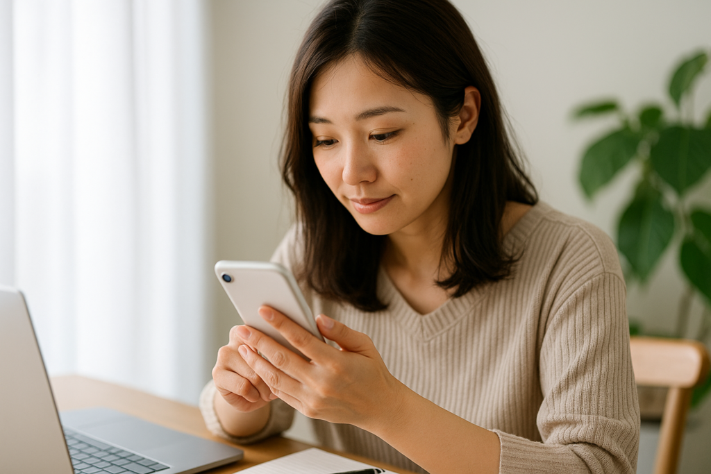 スマホ画面を見ながら安全に副業の準備をする主婦