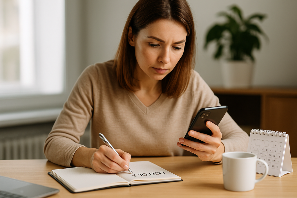 スマホを使いながらノートに副業の目標を書き込む主婦