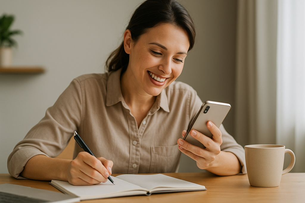 スマホで副業の情報を調べながらノートにメモをとる主婦