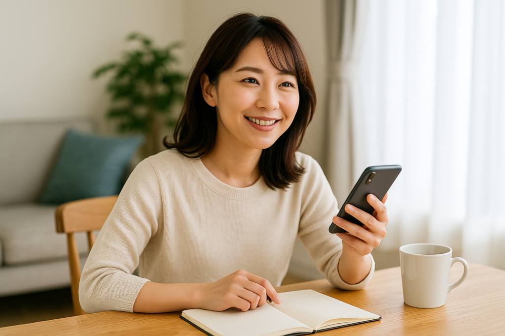 スマホを手に前向きに小遣い稼ぎを始める主婦