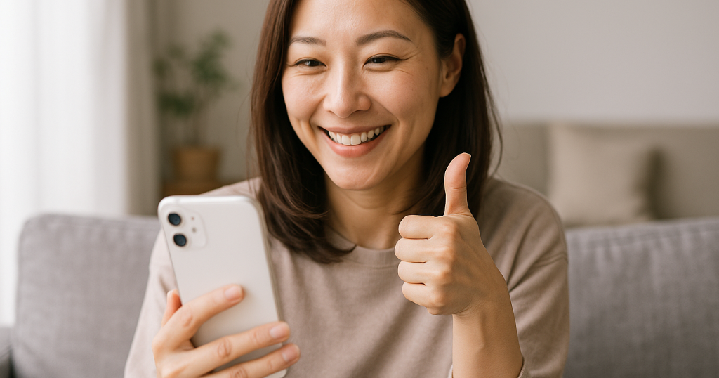 美容・健康モニターの口コミや体験談を表す写真。笑顔で商品を手にする女性と感想を話す様子