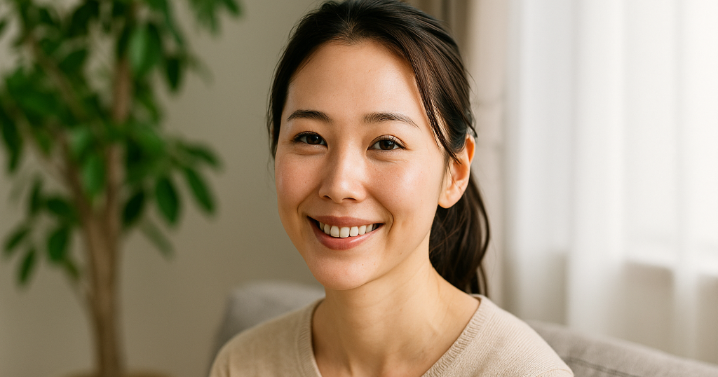 無料モニターを活用して美容と健康習慣を始めることを促すまとめイメージ。明るい笑顔の女性が化粧品を手にしている様子